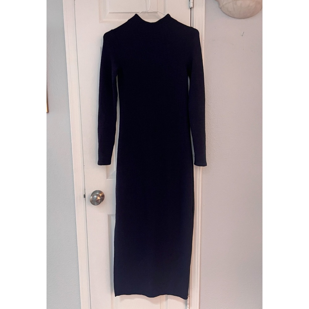 French Connection Dress Women's 2 Navy Textured Mock Neck Long Maxi Side Slit